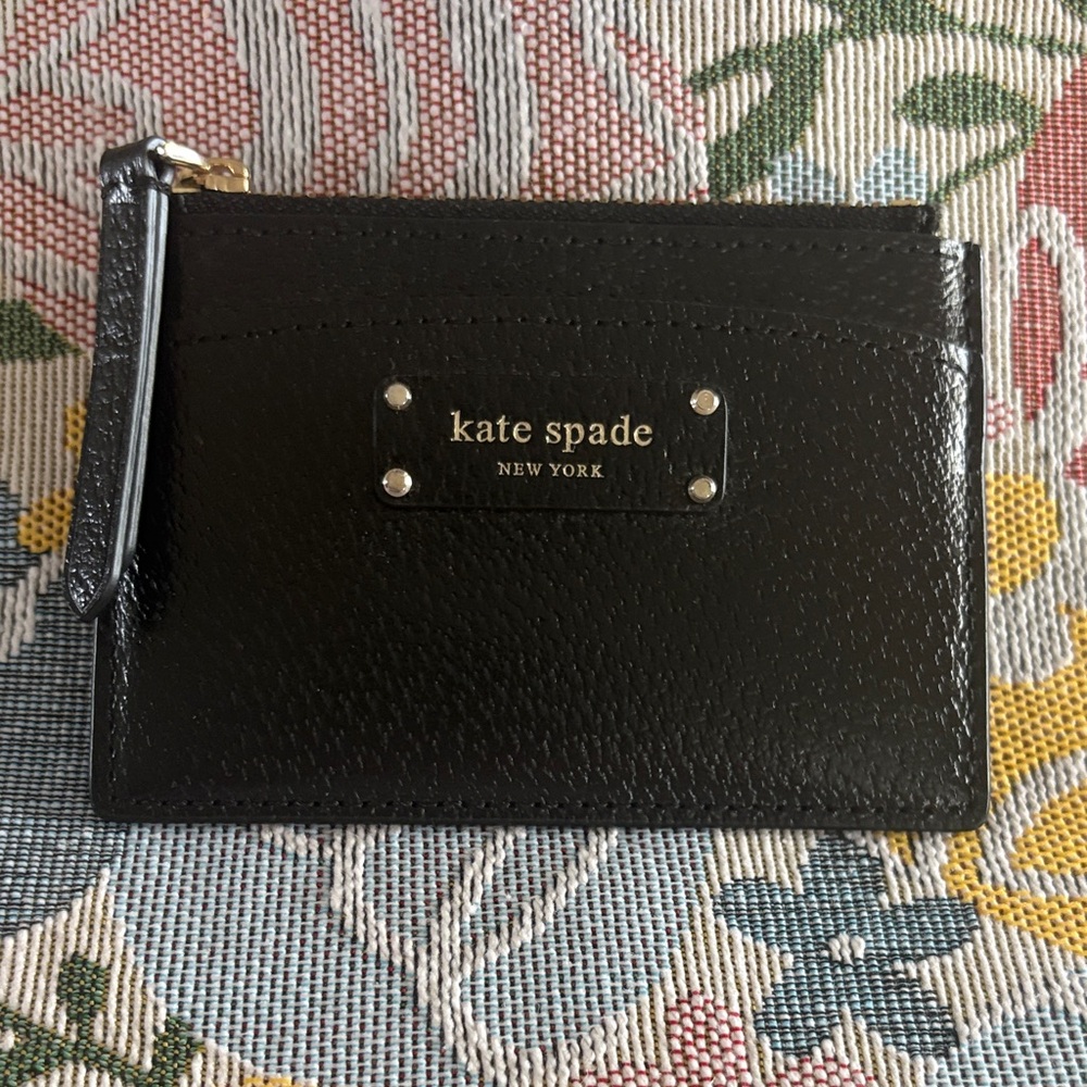kate spade Black Leather Zip Card Case with Gold Logo